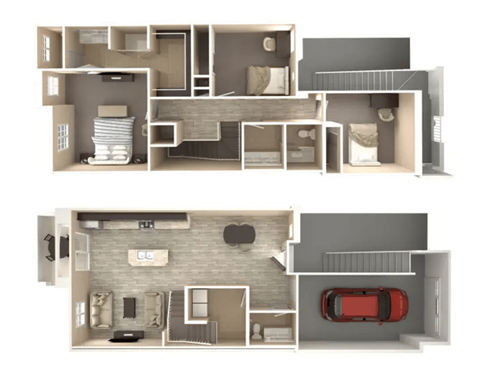 A 3D floor plan of a house with two bedrooms, a living room, a kitchen, and a garage.